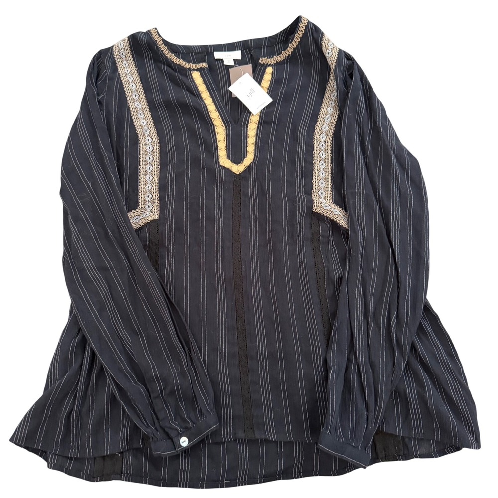 J. Jill Hippie Boho Prairie Cottage Core‎ Top with Golden Embroidery Trim Sz M